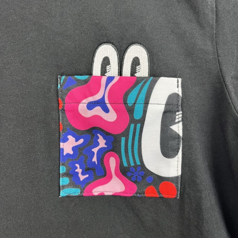 EUC Adidas Originals Womens Black 3-Stripe Trefoil Peek-A-Boo Pocket T-Shirt L - Picture 2 of 10